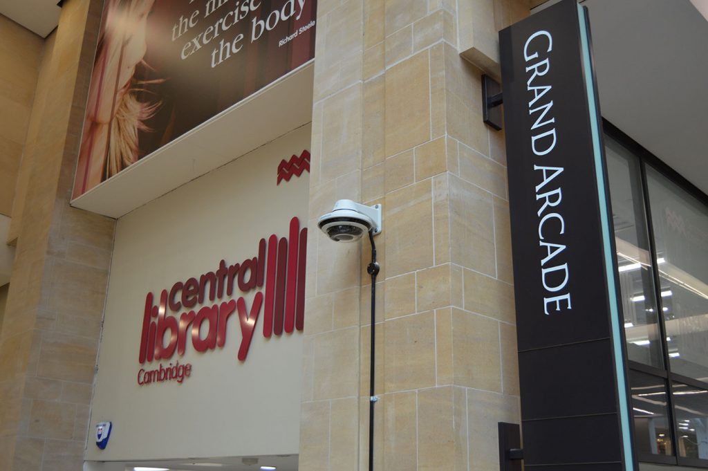 A CCTV camera installed at Grand Arcade Shopping Centre in Cambridge.
