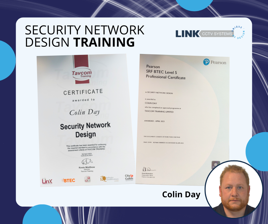 A certificate received by Colin Day for completing security network design training.
